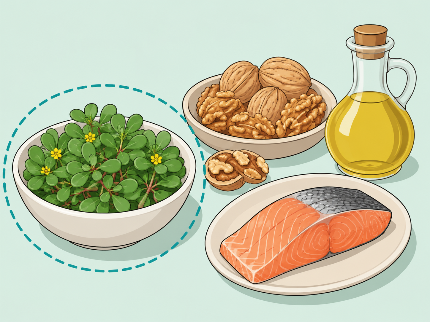Purslane shown beside other omega-rich foods to compare food sources.