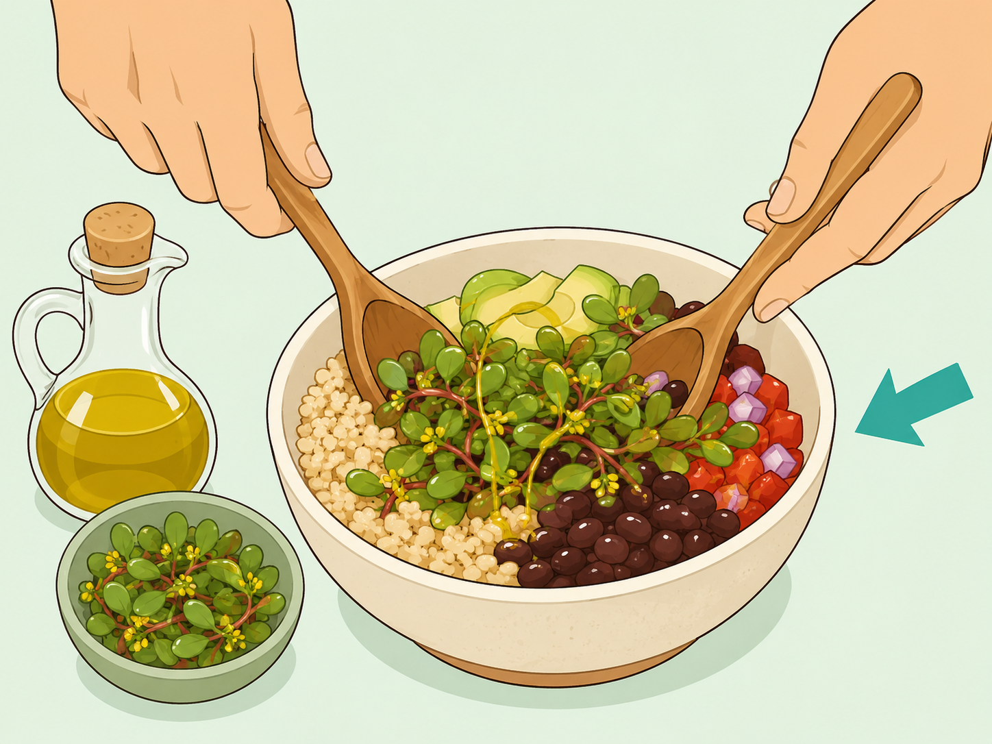 Purslane combined with grains, beans, and olive oil in a balanced meal.