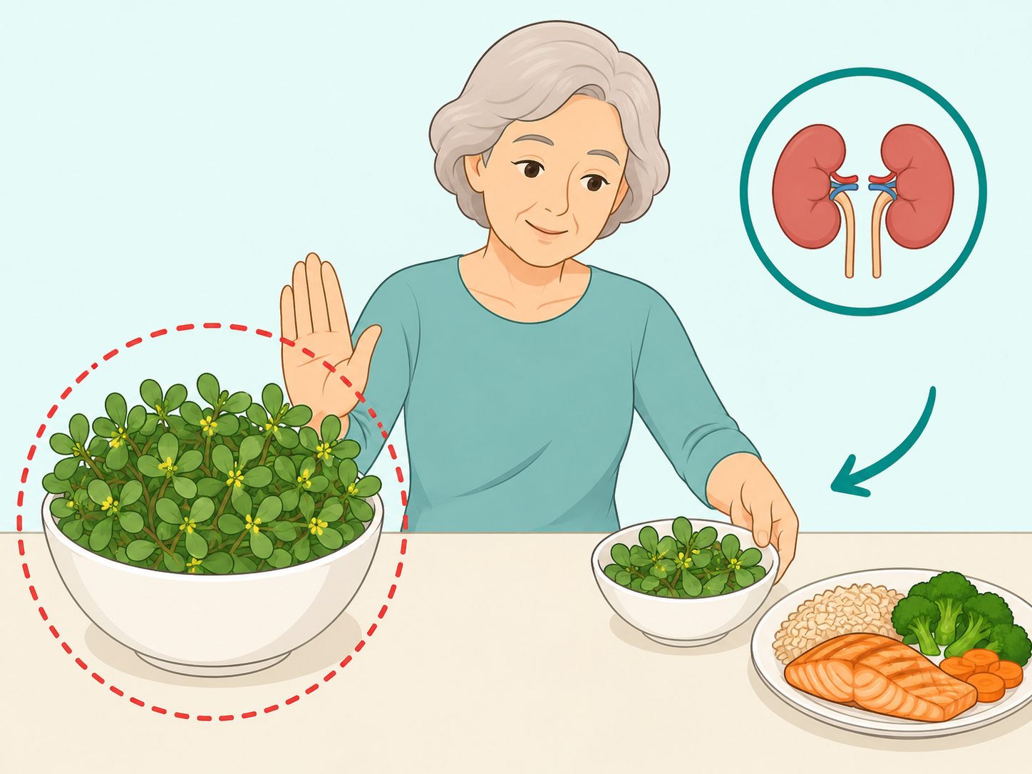 Person choosing a smaller purslane portion when kidney stone risk is a concern.