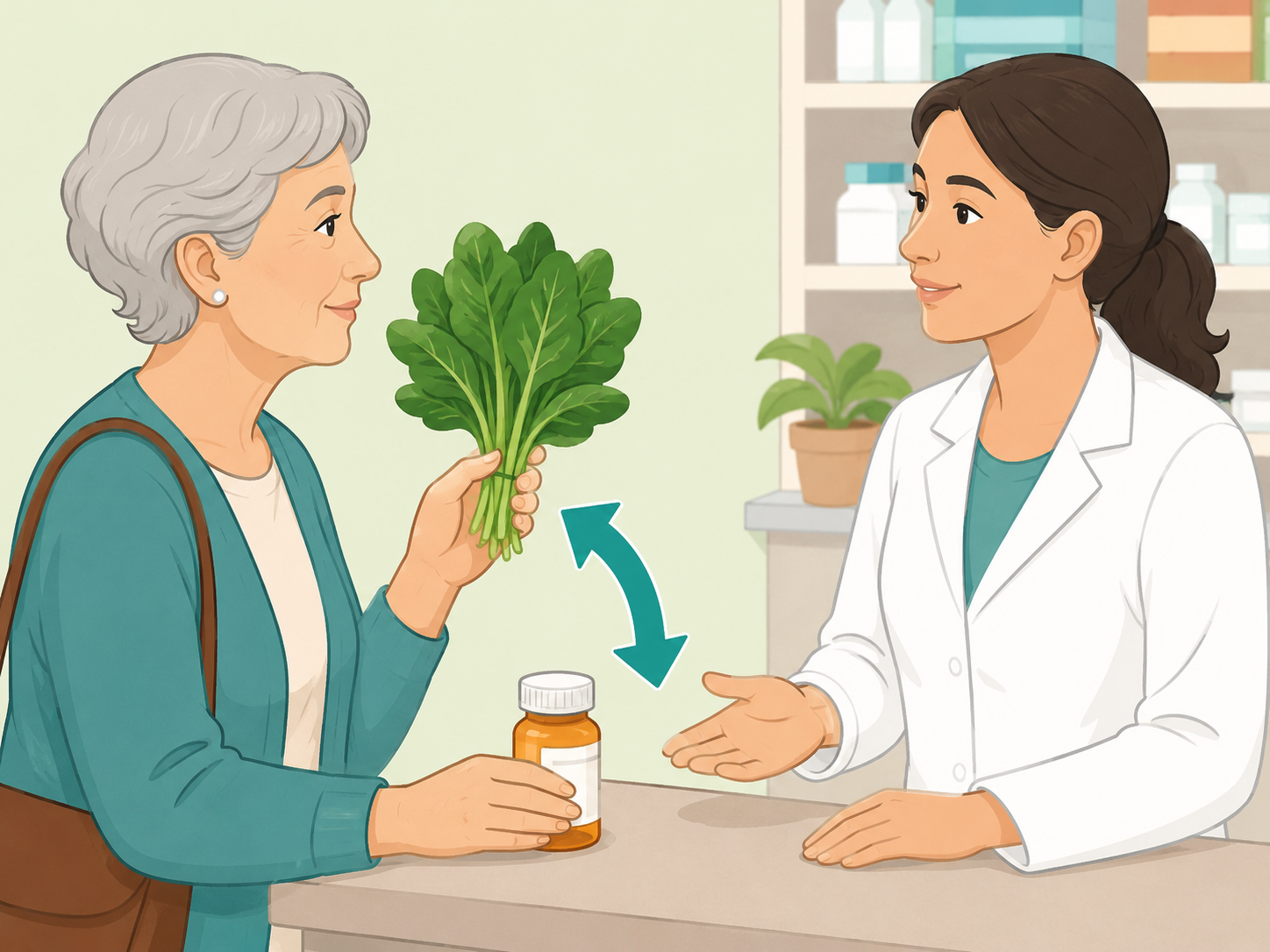 Person asking a pharmacist about eating purslane with medications.