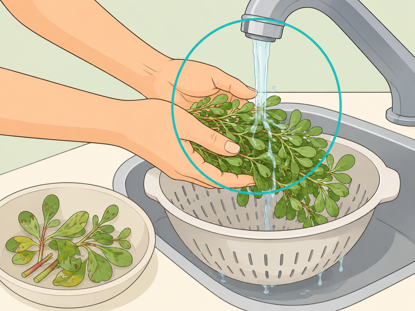 Fresh purslane being rinsed under running water before eating.
