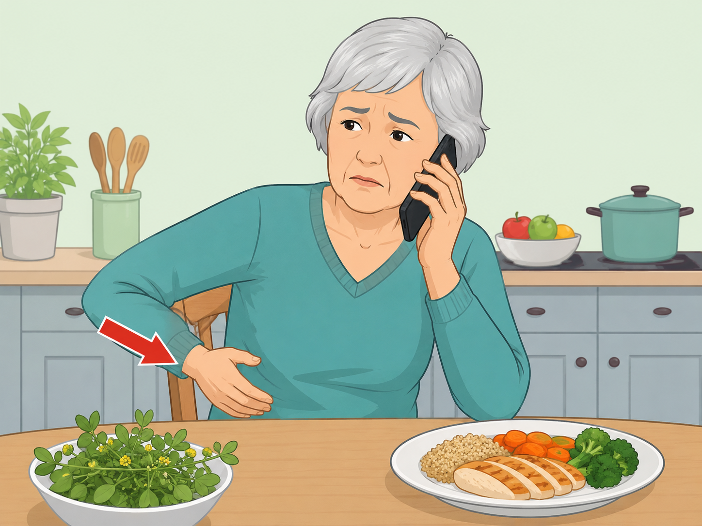 Older adult seeking medical help after side pain while purslane is set aside.