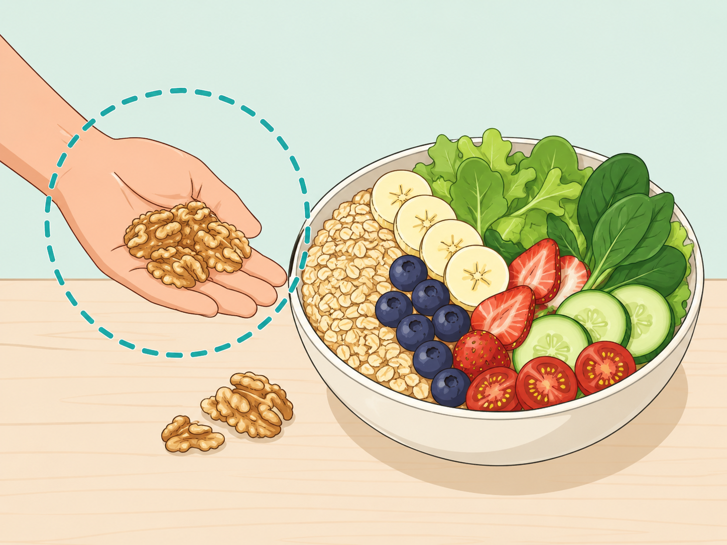 Illustration of a measured walnut portion beside balanced healthy foods.