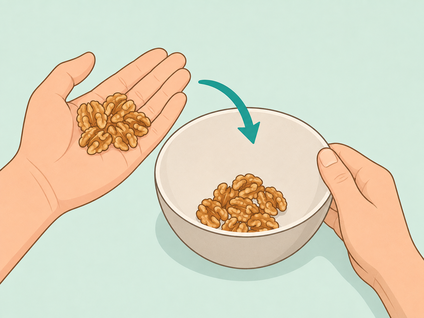 Hands measuring a small serving of walnut halves into a bowl.