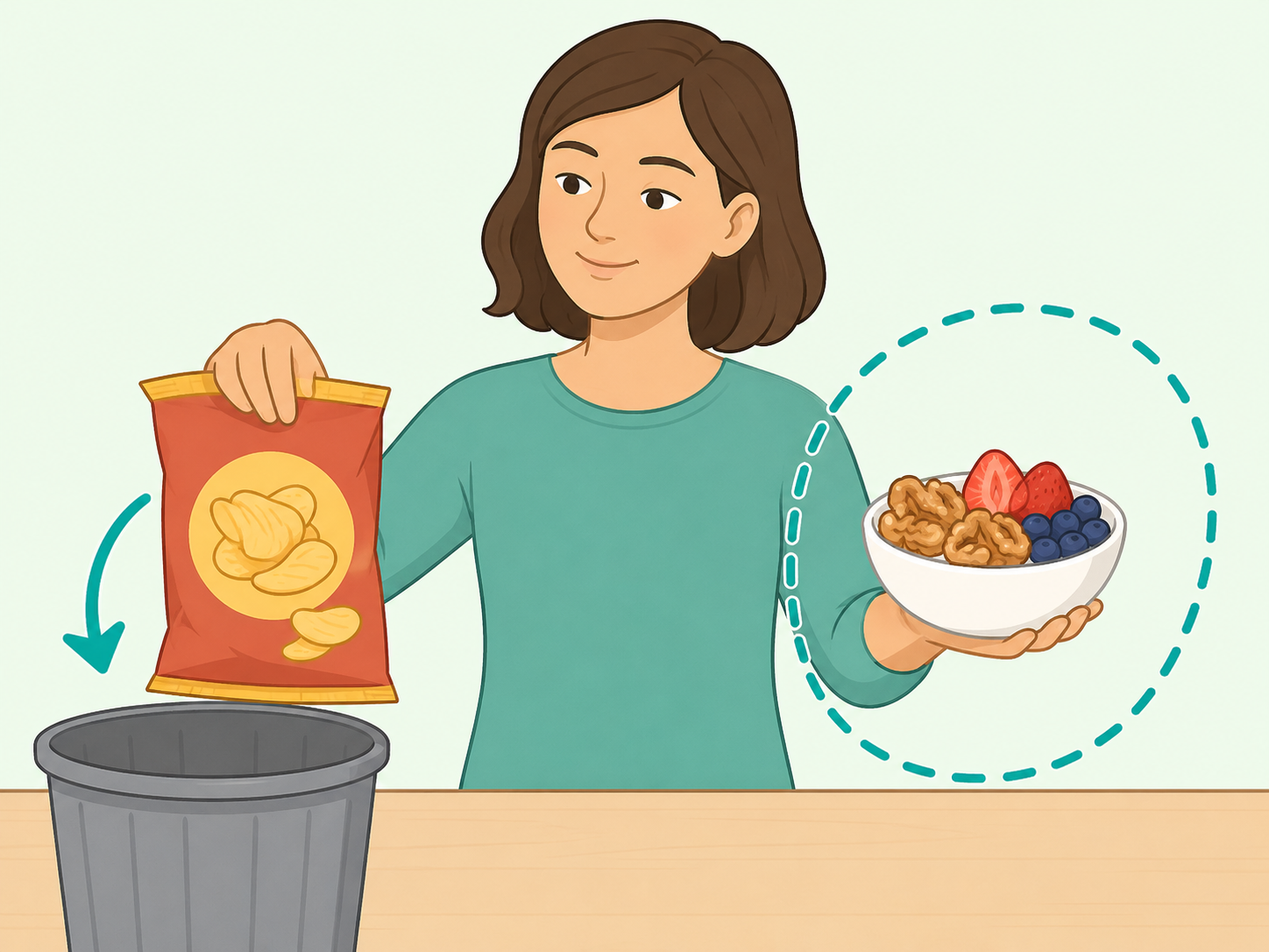 Person choosing walnuts and fruit instead of a processed snack.