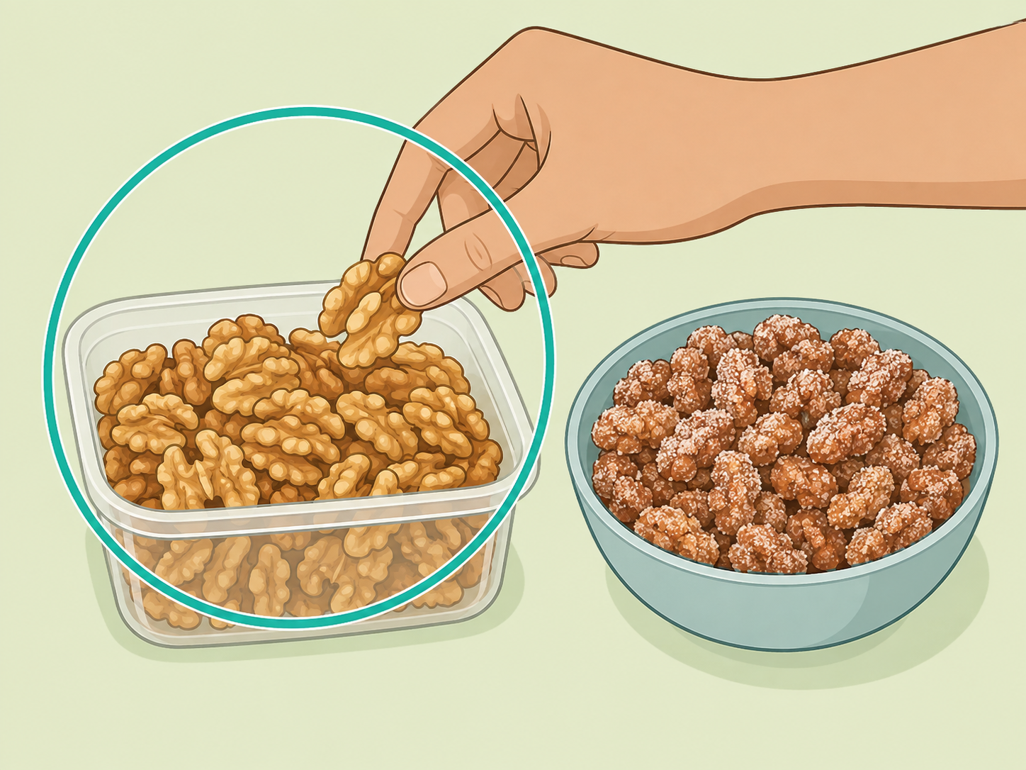 Hand choosing plain unsalted walnuts over coated snack nuts.