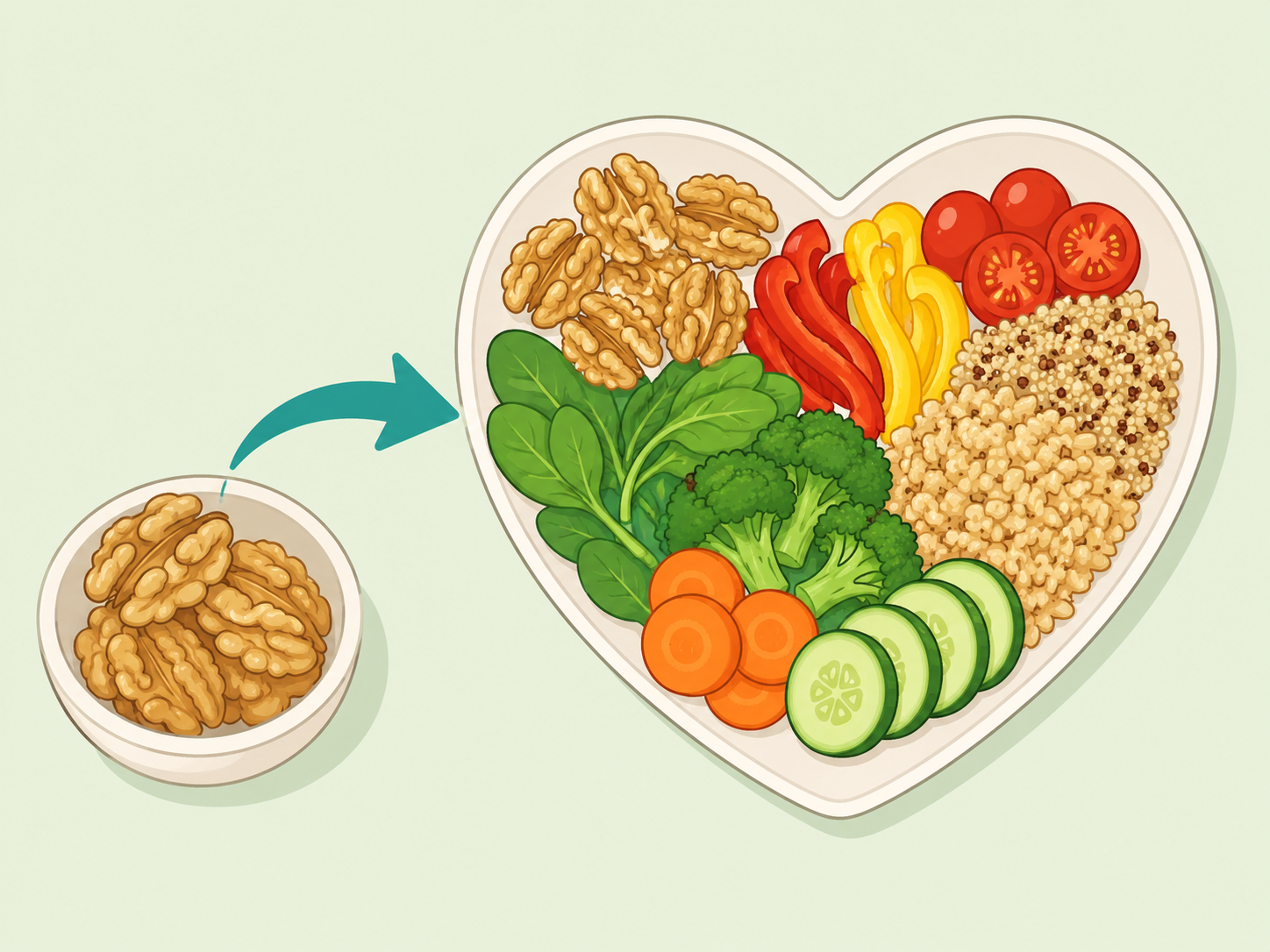 Walnuts shown as part of a heart-healthy plate.