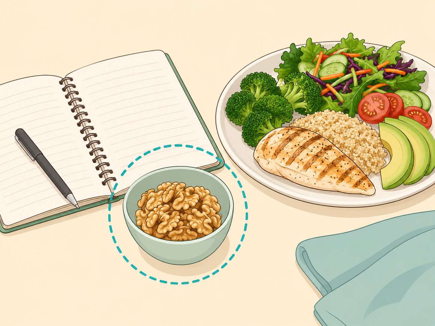 Measured walnut serving next to a balanced meal plan.