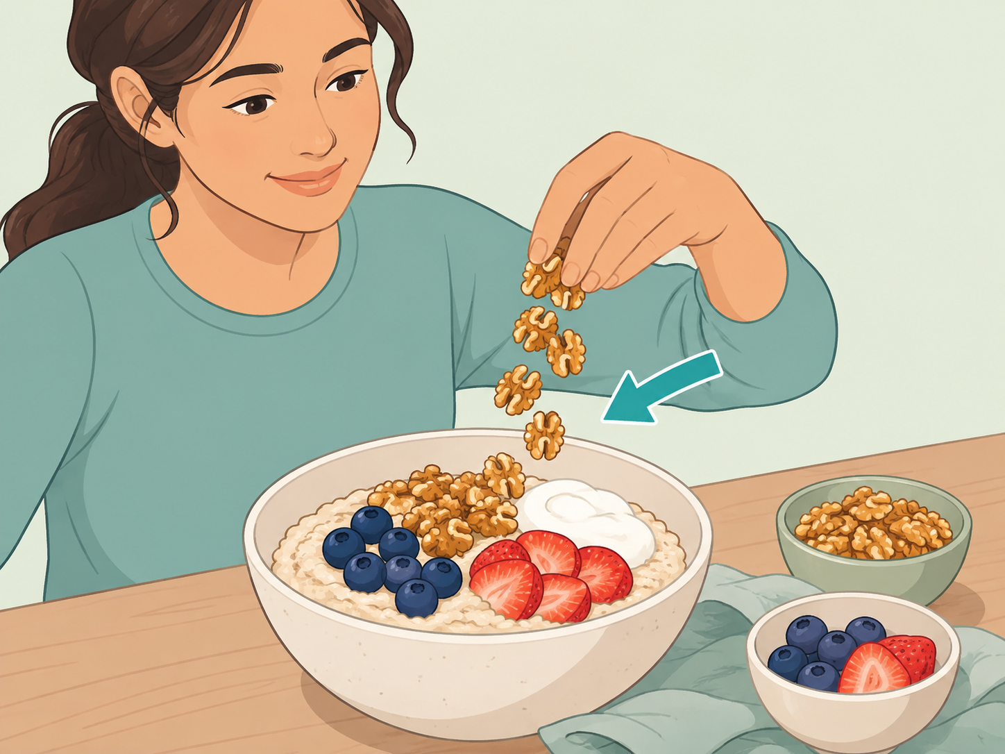 Person adding walnuts to oatmeal and fruit.
