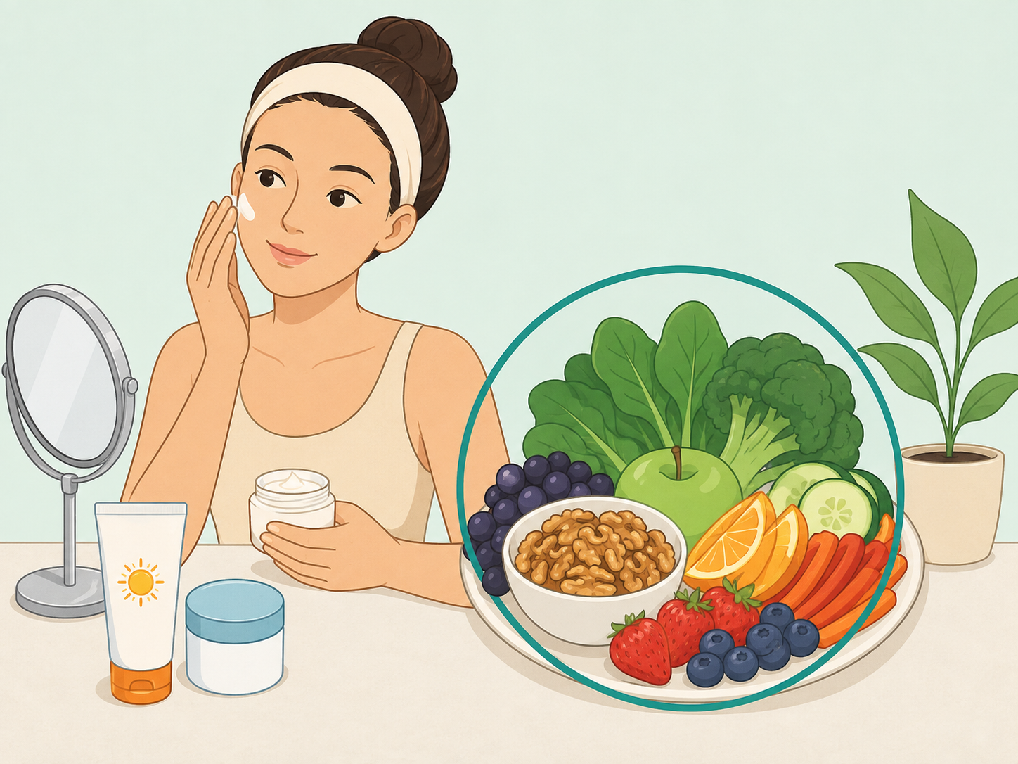 Walnuts shown with balanced foods and basic skin care items.