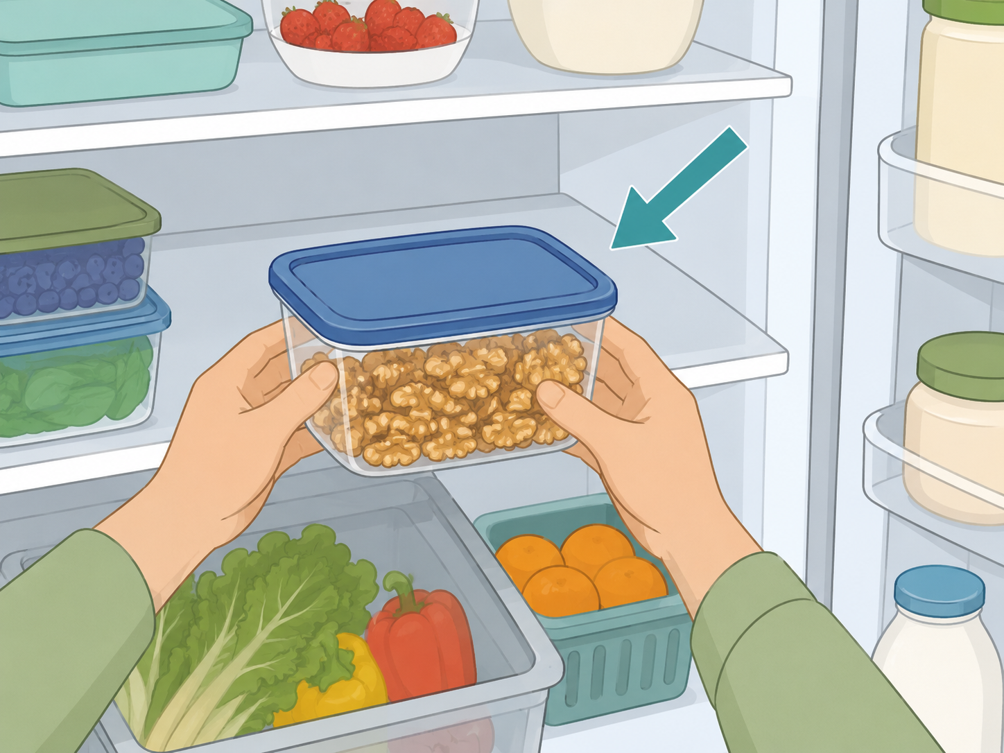 Hands storing walnuts in a sealed container in the refrigerator.