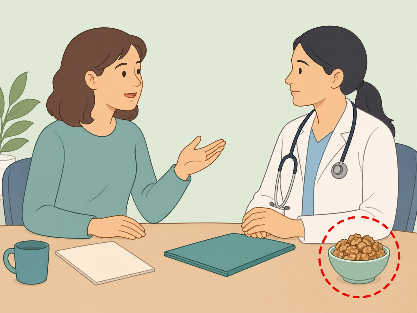 Person discussing walnuts and health concerns with a healthcare professional.