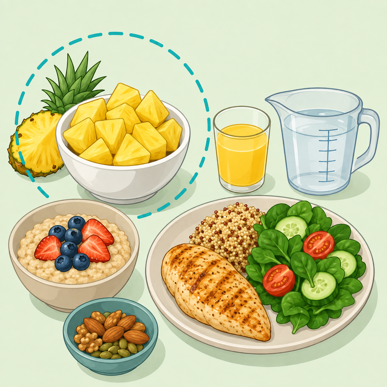Illustration of pineapple chunks, a small glass of juice, and balanced meal items.