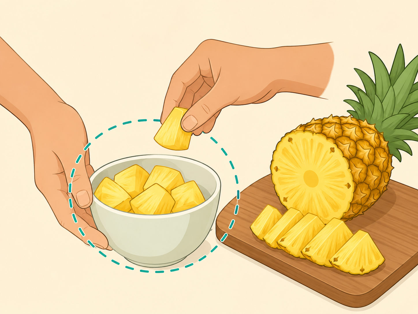 Hands measuring a normal serving of pineapple chunks.