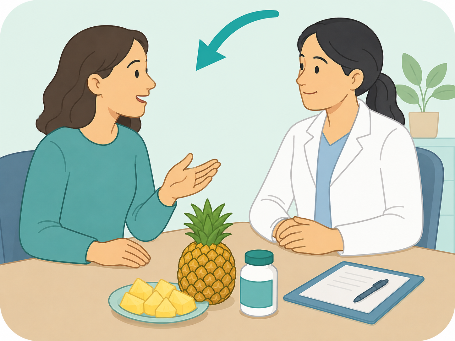 Person discussing pineapple, symptoms, and supplements with a healthcare professional.