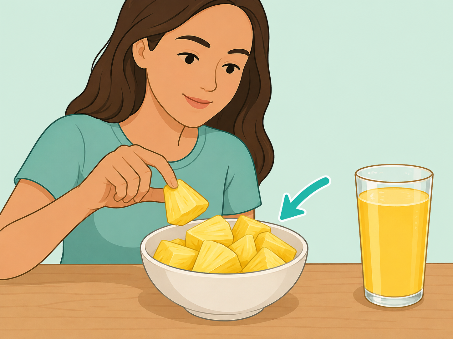 Person choosing whole pineapple instead of a large glass of juice.