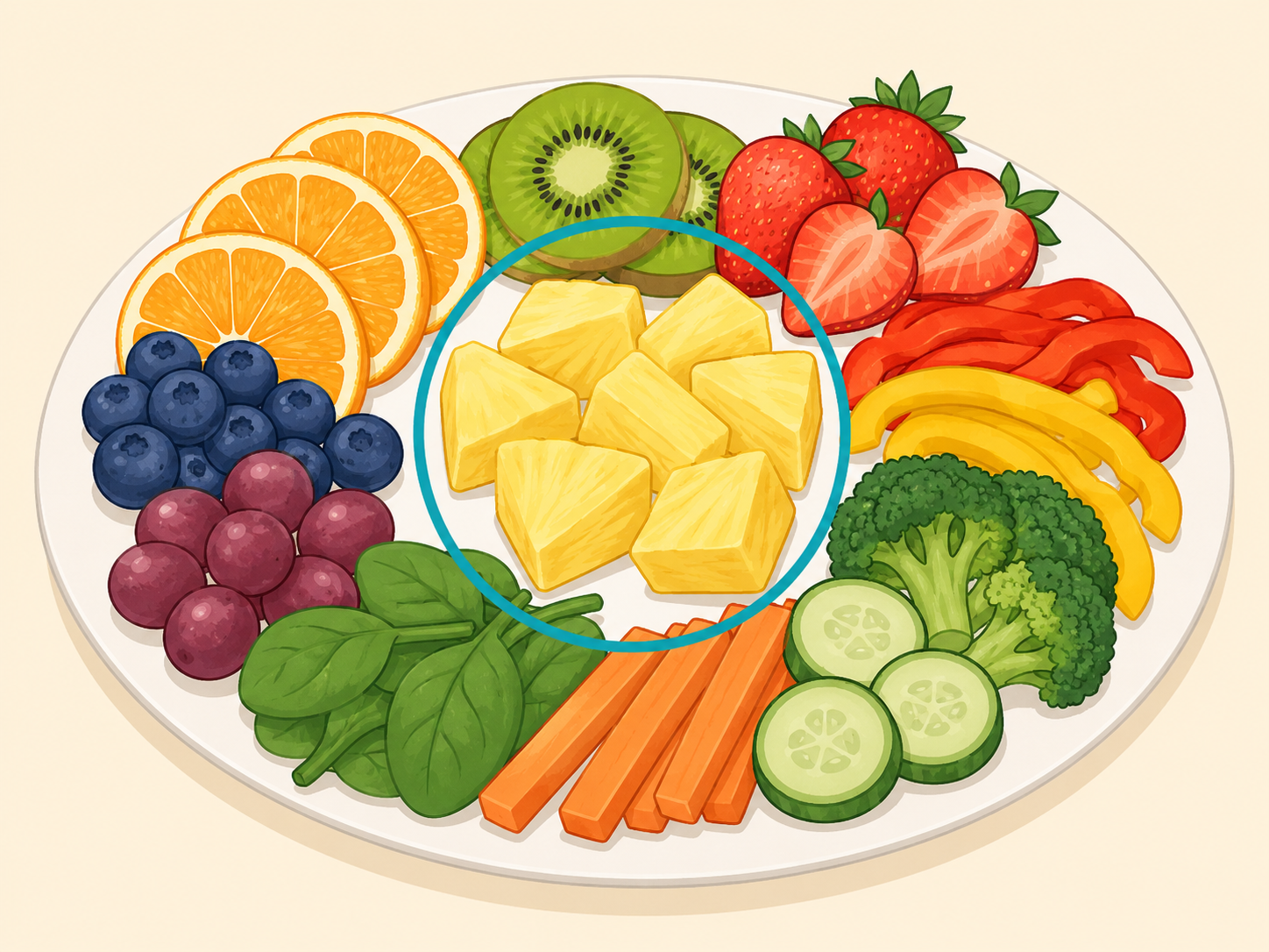 Pineapple served with other vitamin-rich fruits and vegetables.
