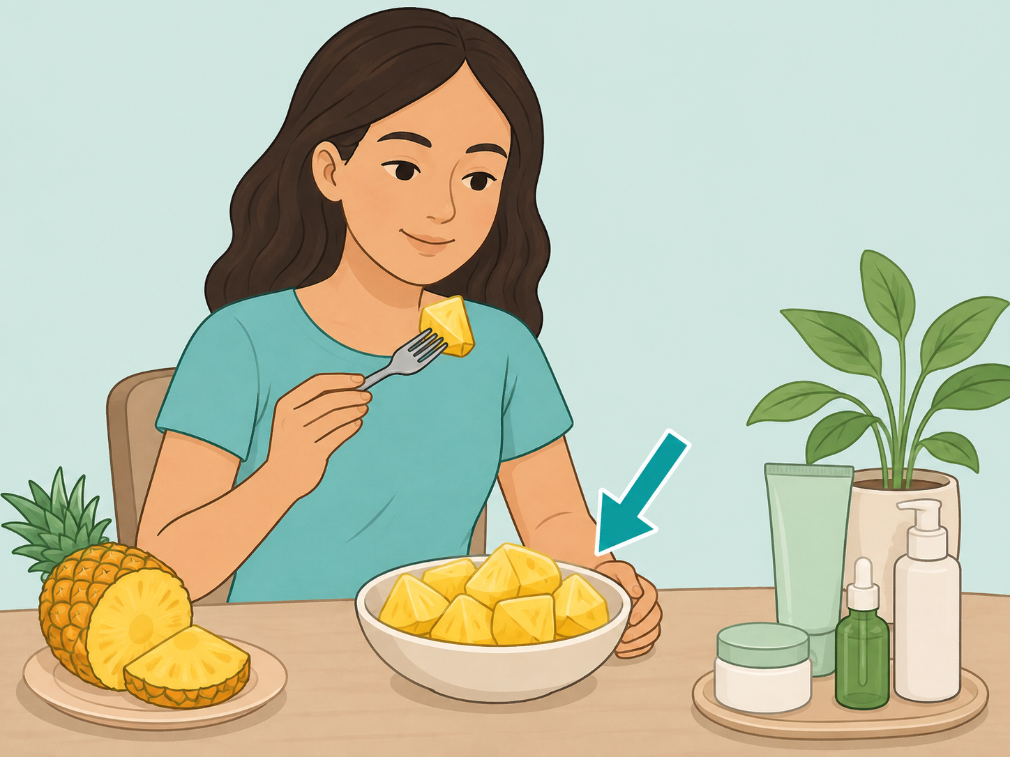Person eating pineapple as part of a skin-supportive diet.