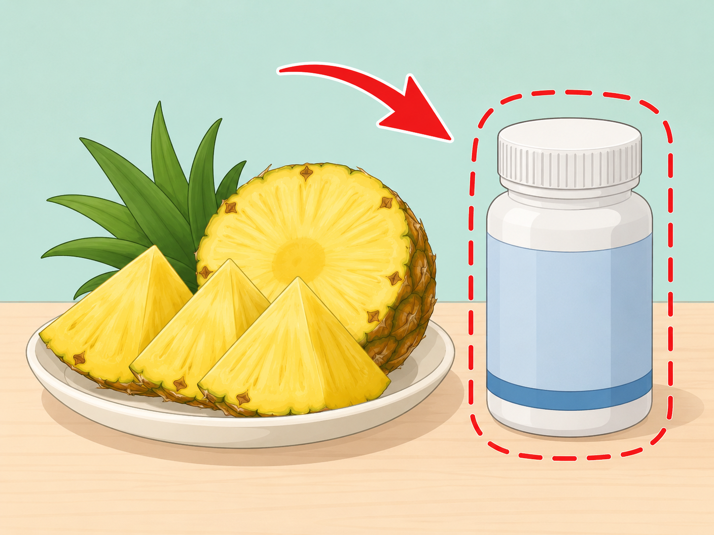 Pineapple beside a supplement bottle marked with a caution highlight.