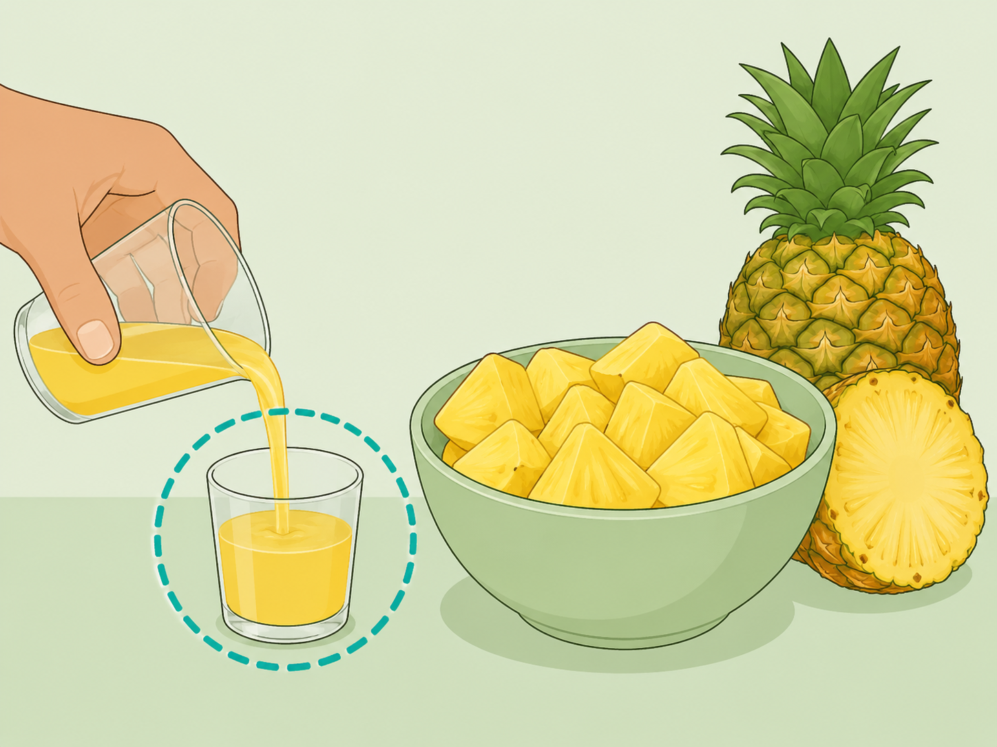 A small portion of pineapple juice poured beside whole pineapple.