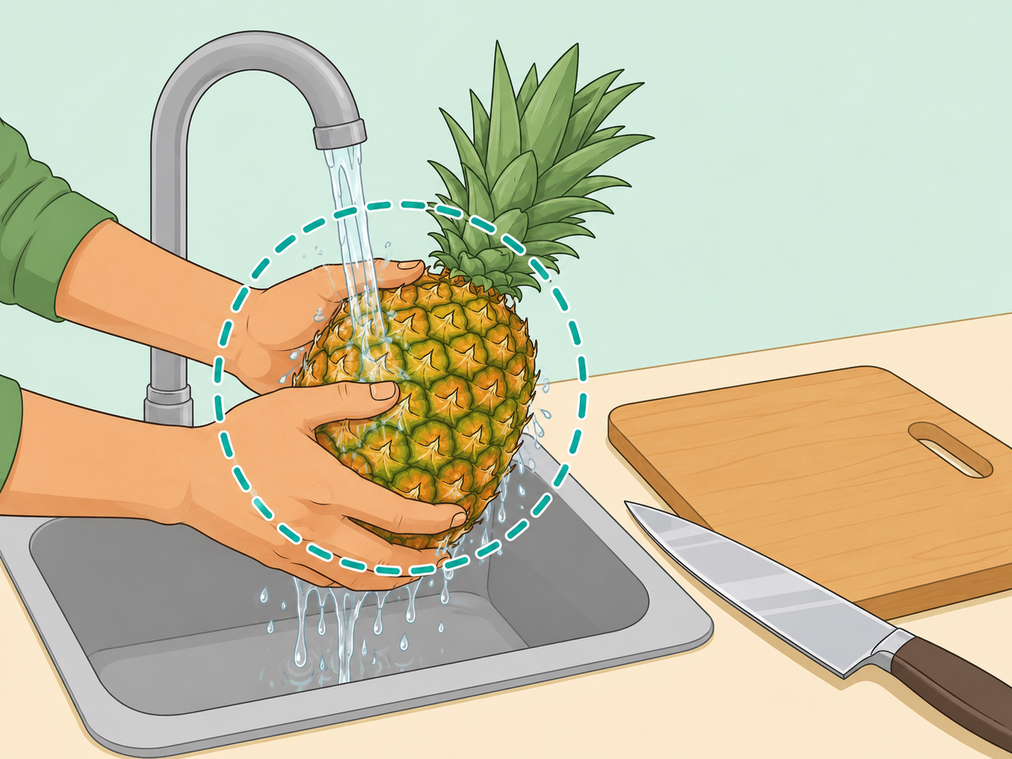 Hands washing a pineapple before cutting it safely.