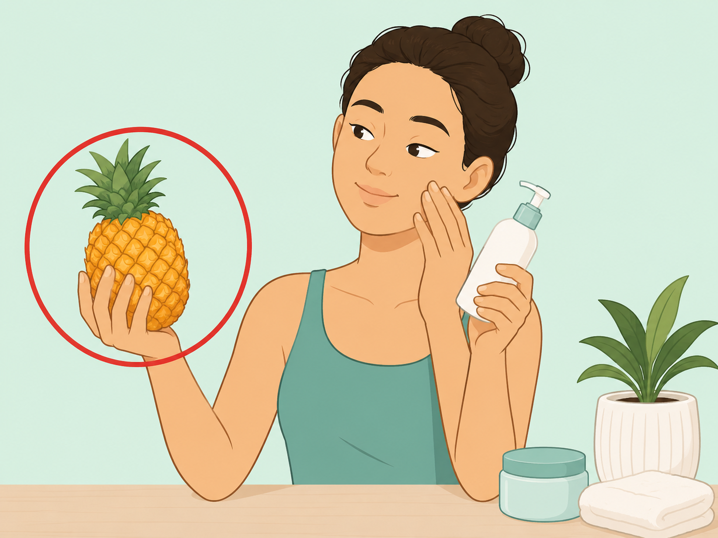 Person avoiding applying raw pineapple to facial skin.