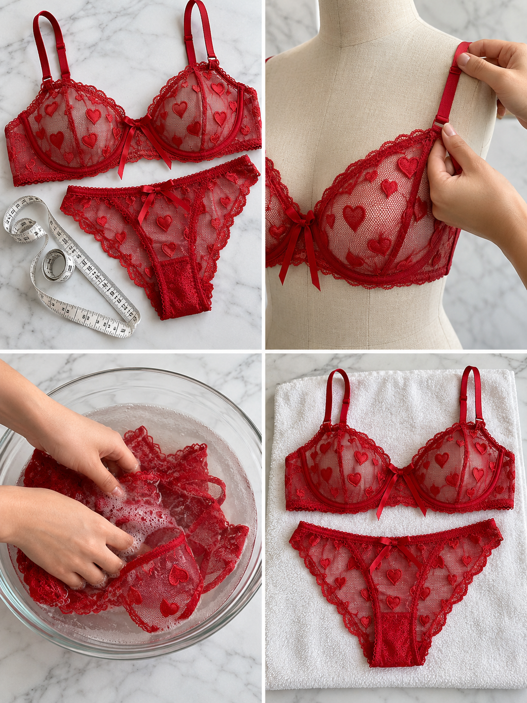 Four care and fit steps for a red heart-embroidered lingerie set