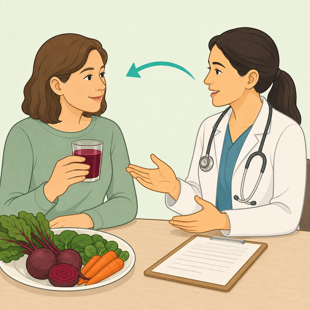 A person discussing beetroot juice with a doctor as a food choice, not a cancer treatment.