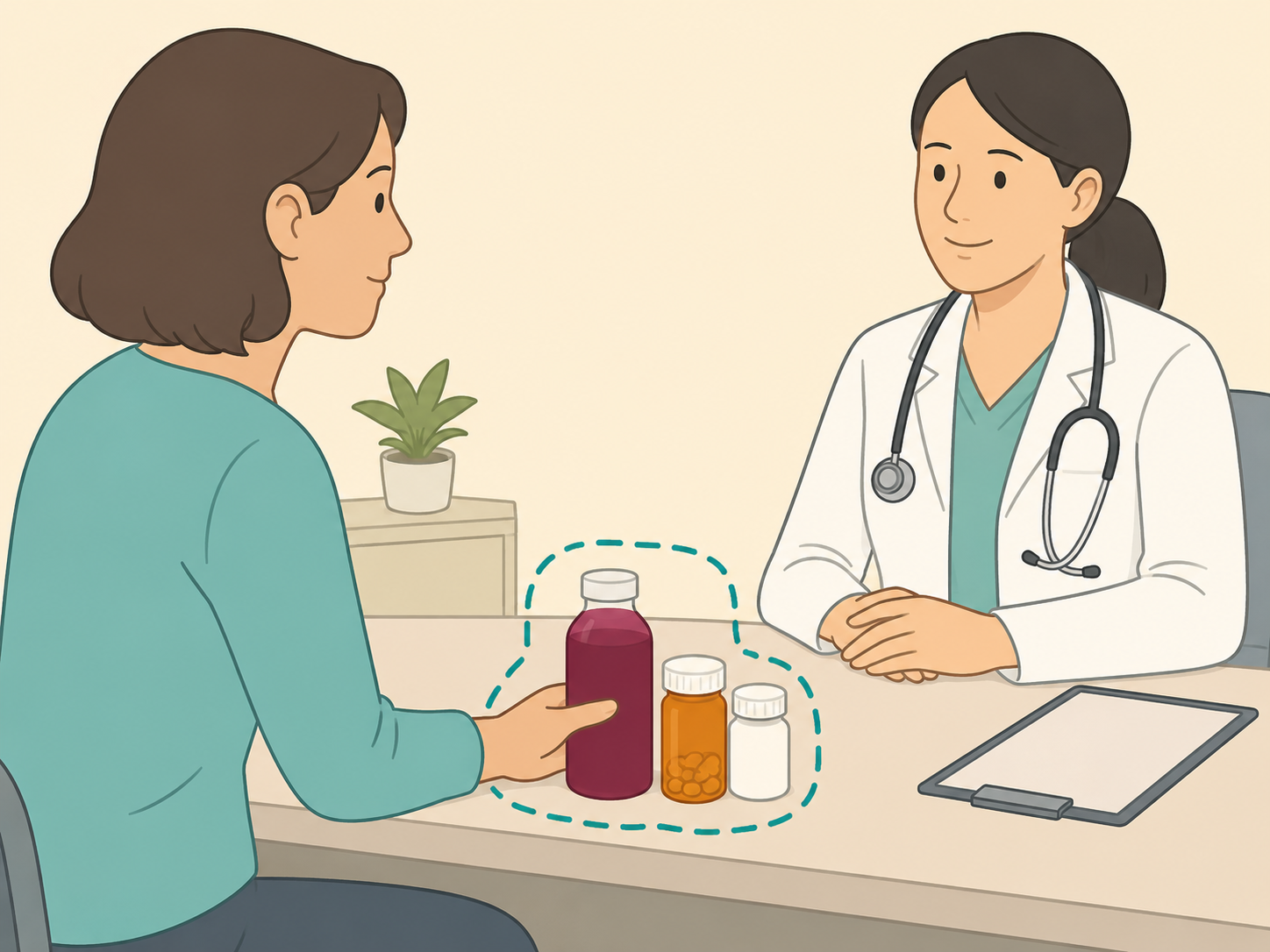 A person showing beetroot juice and medications to a healthcare professional.