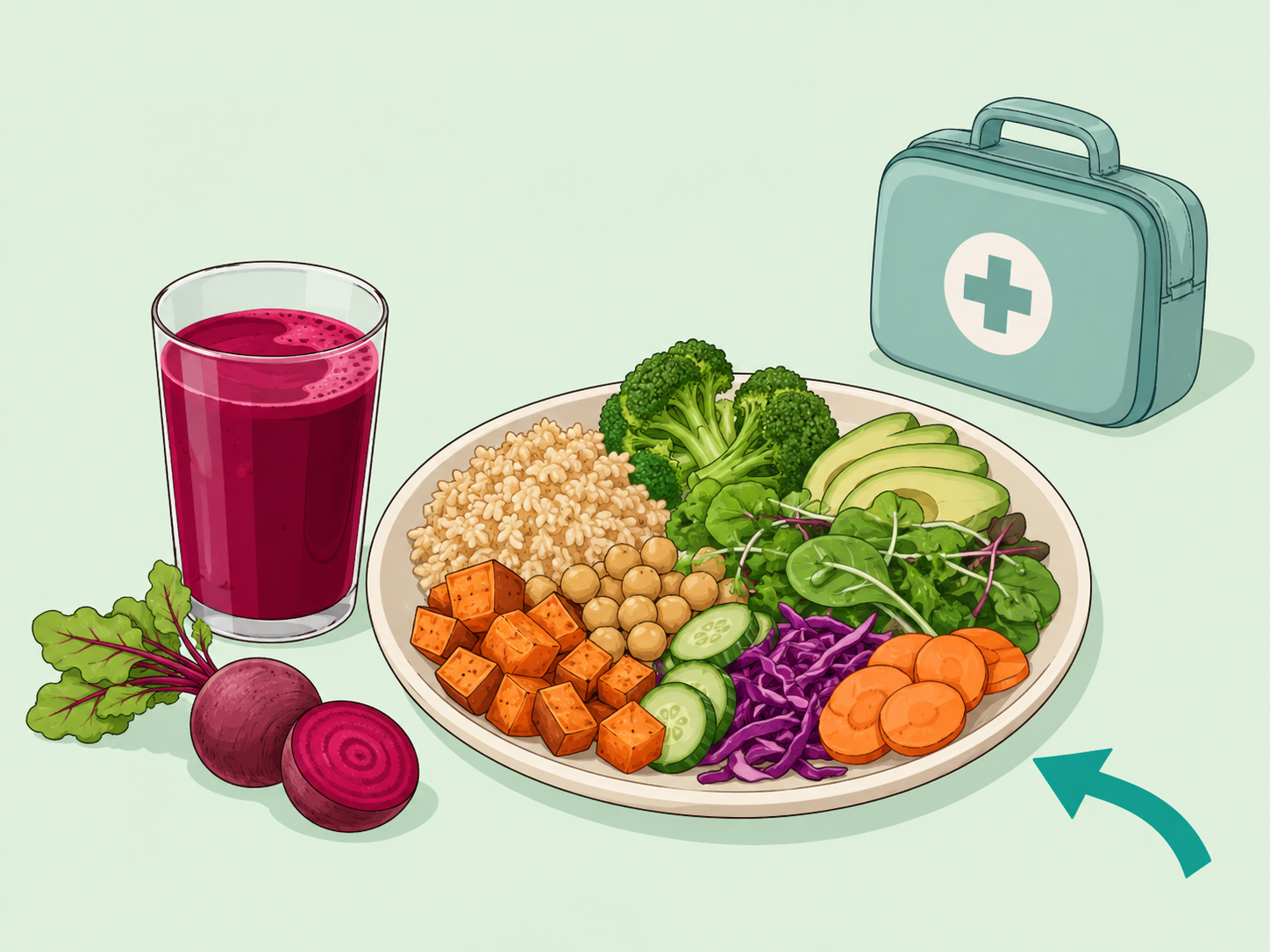 Beetroot juice shown as part of a meal rather than as medicine.