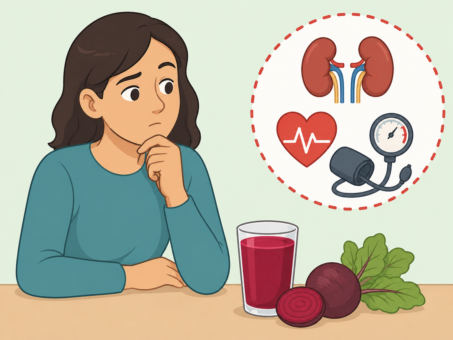 A person considering personal health risks before drinking beetroot juice.