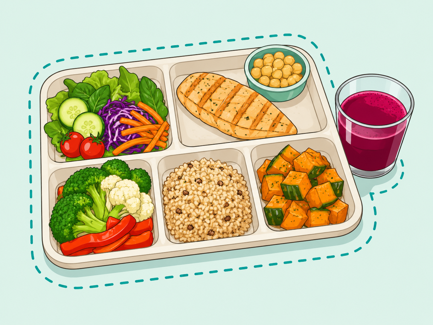 A varied meal with beetroot juice included as one food choice.