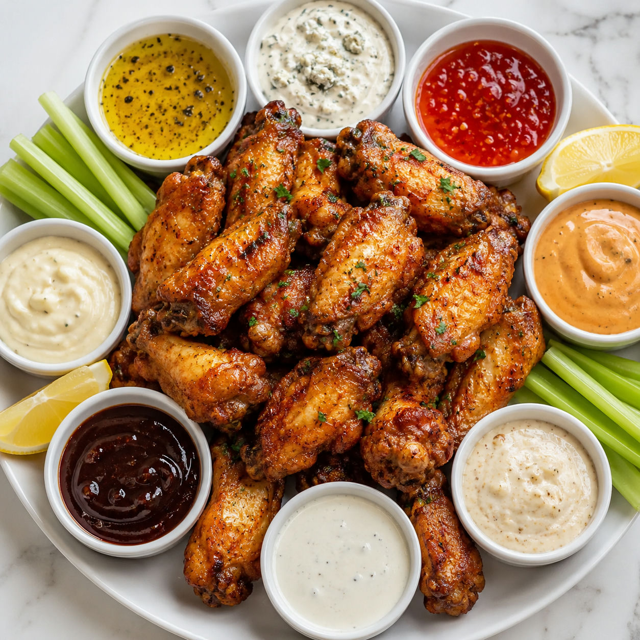 Crispy chicken wings with eight homemade dipping sauces