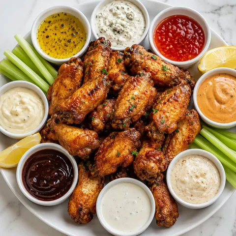 Crispy chicken wings with eight homemade dipping sauces