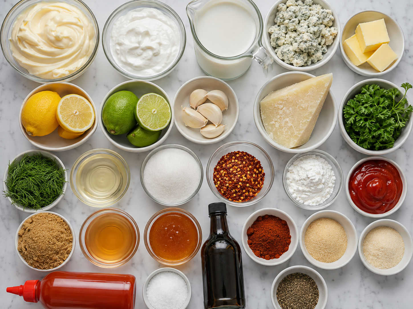 Ingredients for eight homemade wing sauces on a wooden surface