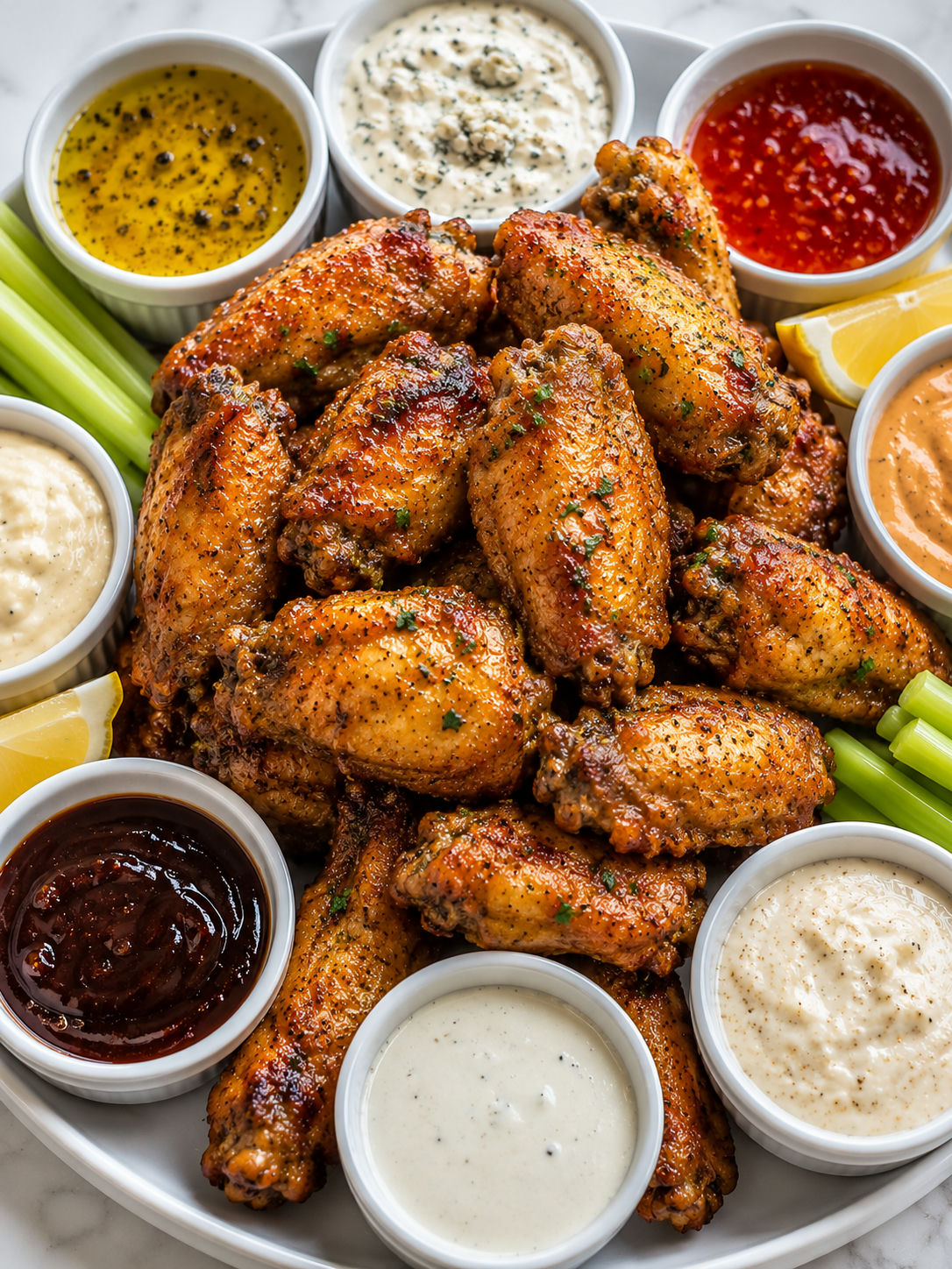 Crispy chicken wings with creamy and glossy sauces in ramekins