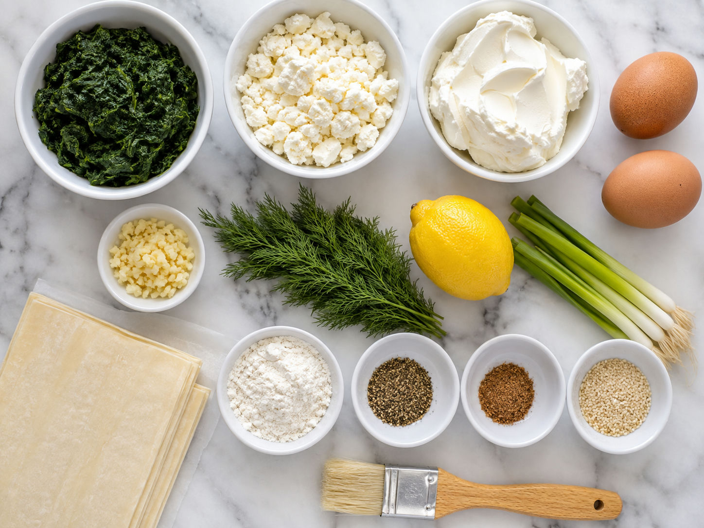 Ingredients for feta spinach puffs with pastry, spinach, feta, eggs, and herbs