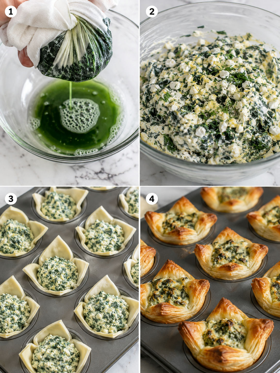 Four steps for making feta spinach puffs from drying spinach to baking