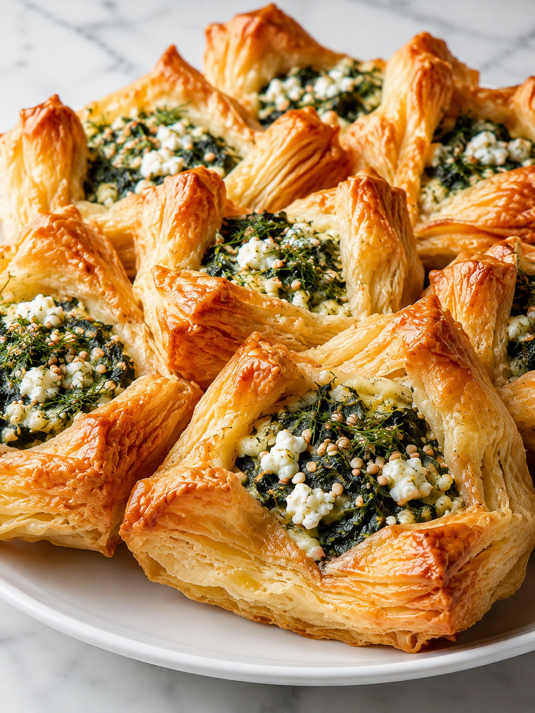 Feta spinach puffs stacked with flaky golden pastry and creamy filling