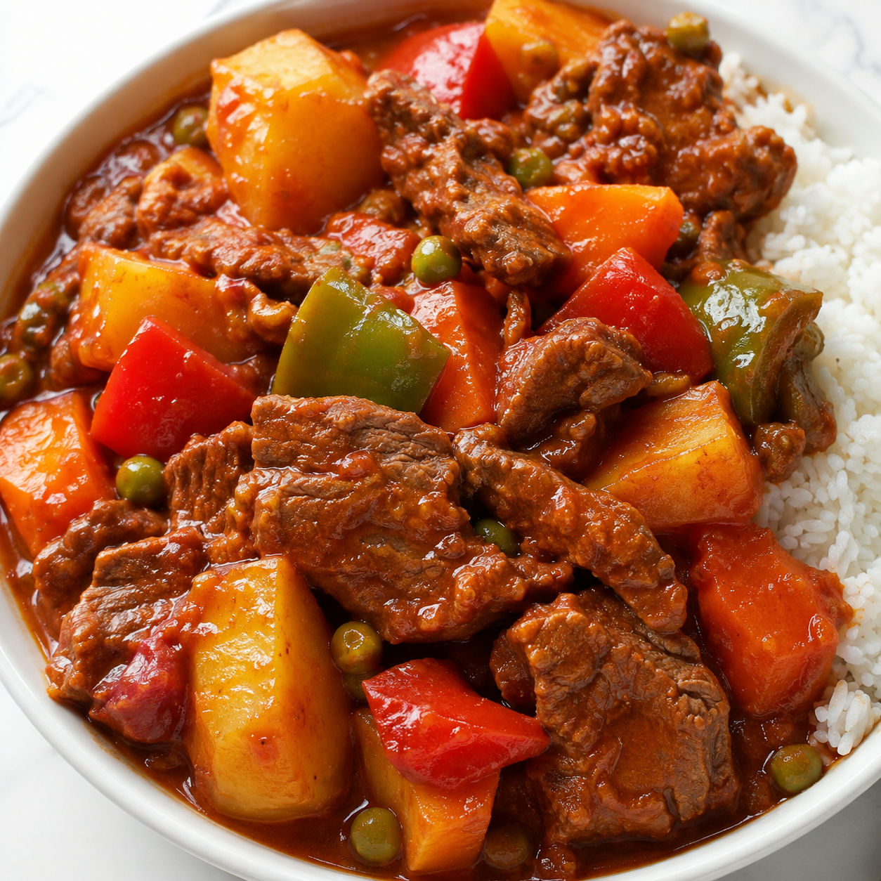 Filipino Beef Afritada with potatoes, carrots, peppers, peas, and rice