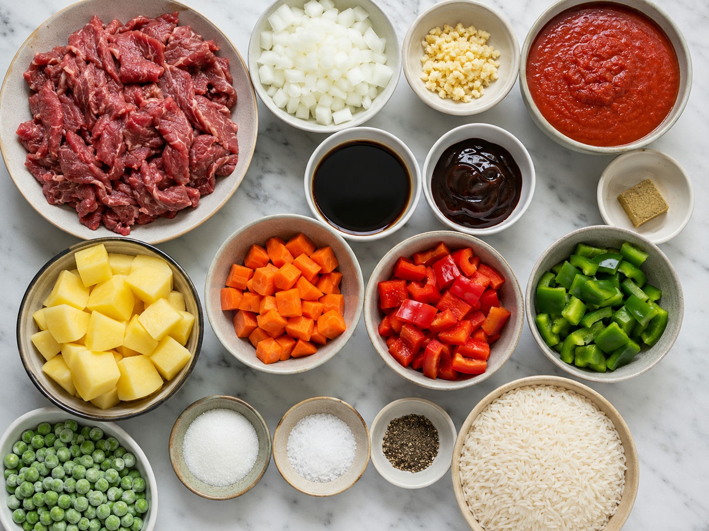 Raw ingredients for Filipino Beef Afritada on a wooden surface