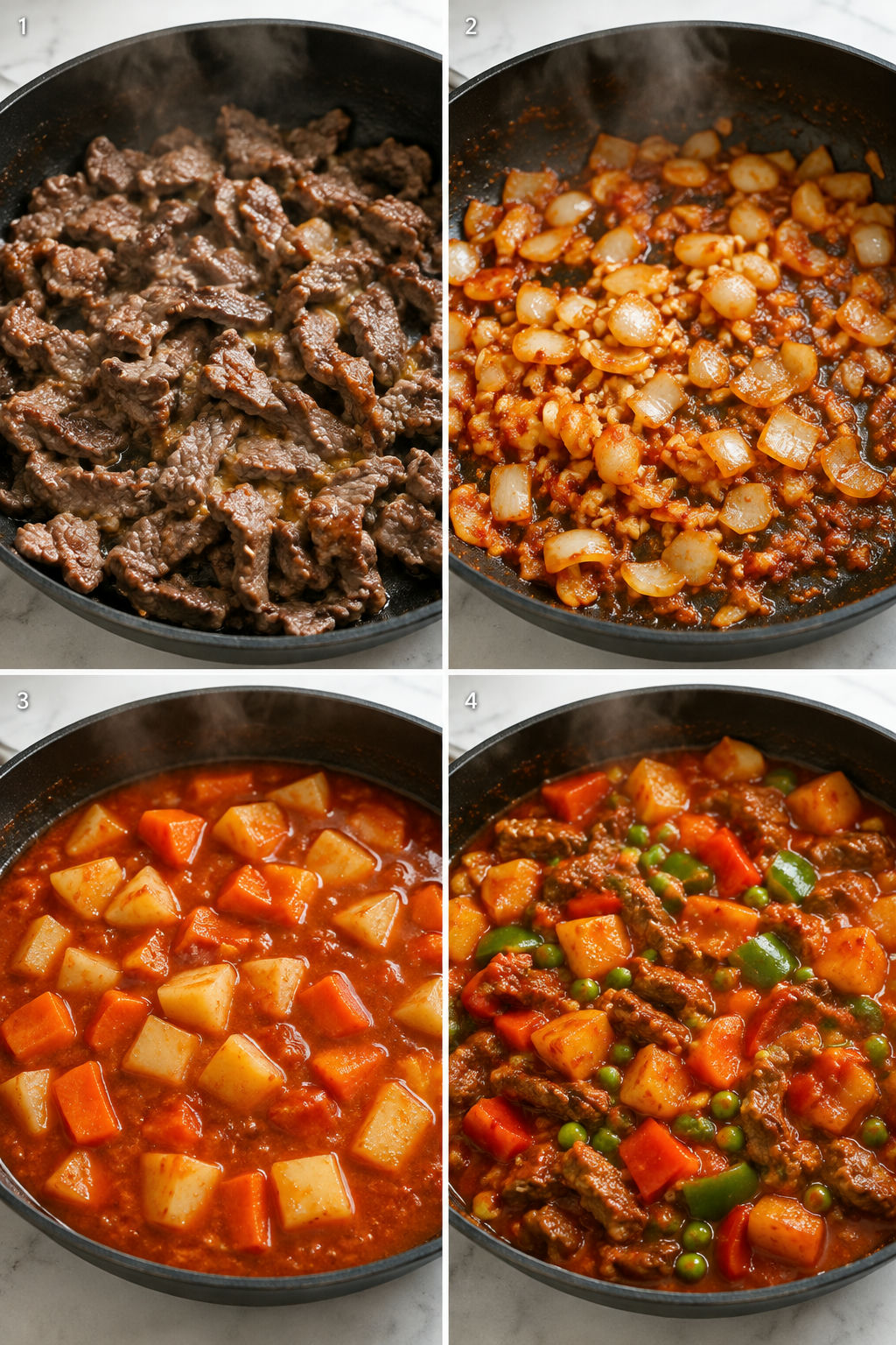 Four cooking steps for Filipino Beef Afritada in a skillet
