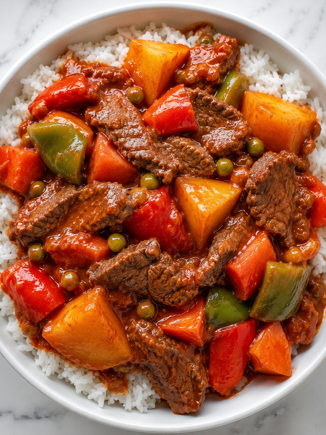 Filipino Beef Afritada over white rice with potatoes, peppers, and peas