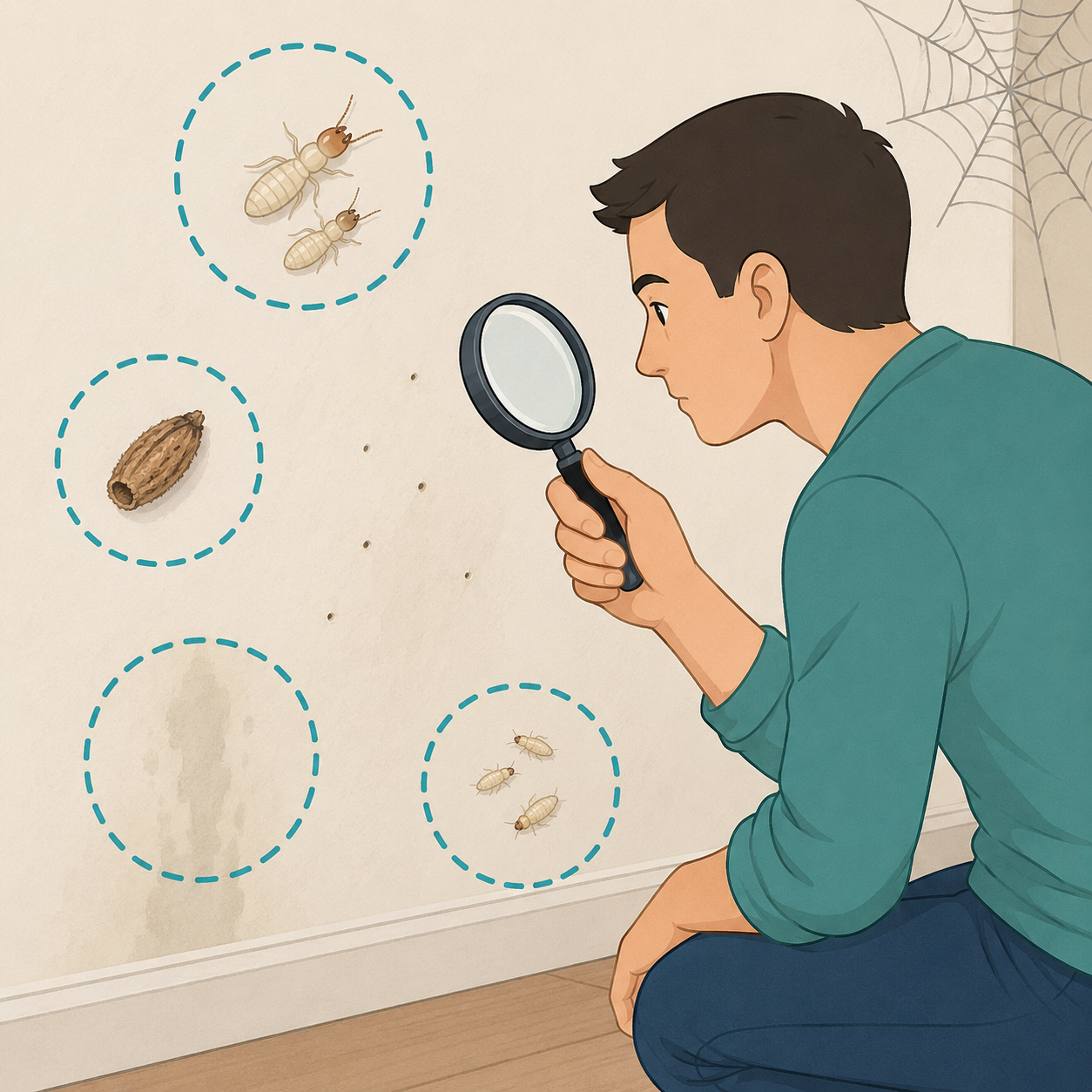 Illustration of a homeowner inspecting tiny insects and moisture clues on a wall.