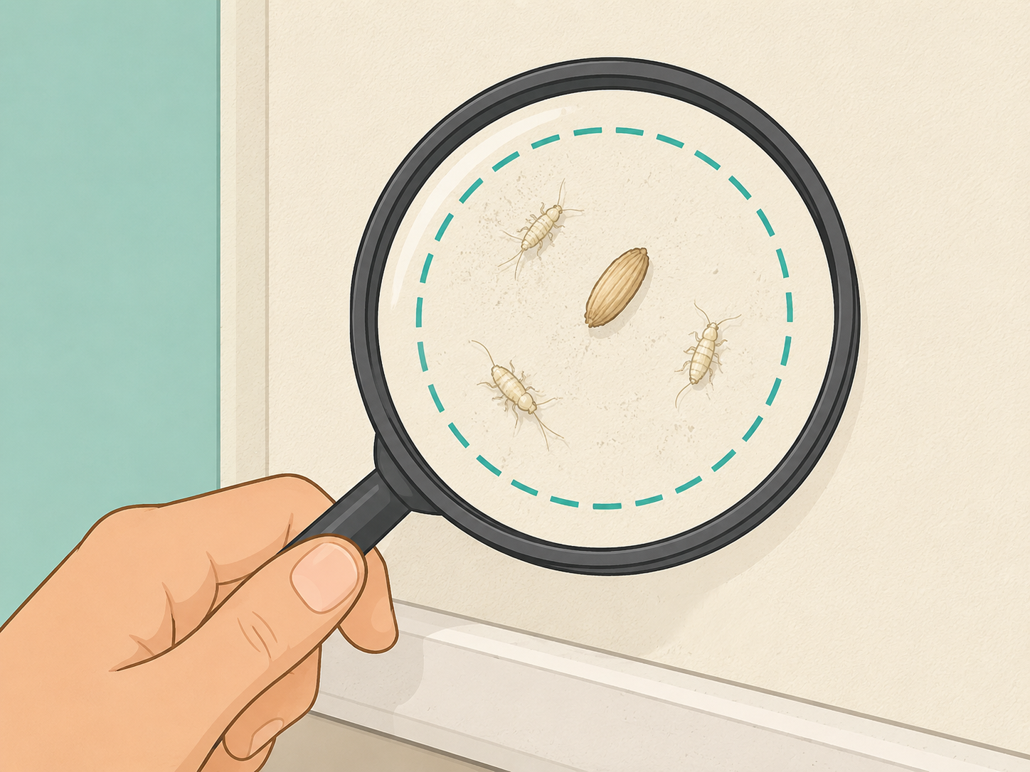 Person using a magnifying glass to identify tiny insects on a wall.