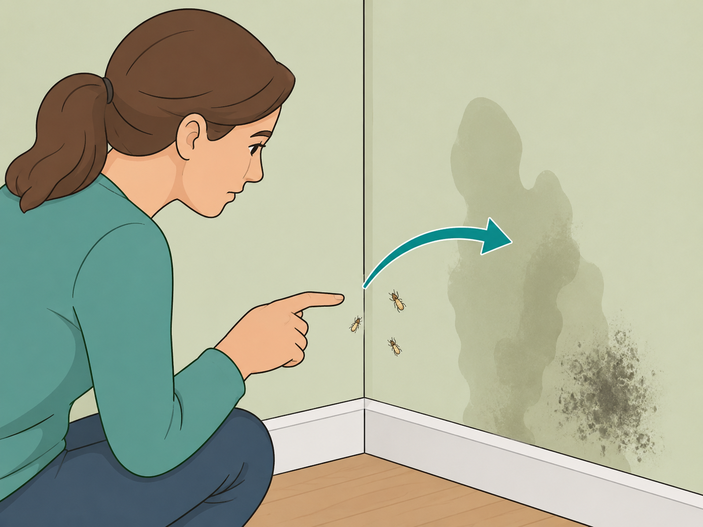 Tiny wall insects shown near a damp spot as a moisture clue.