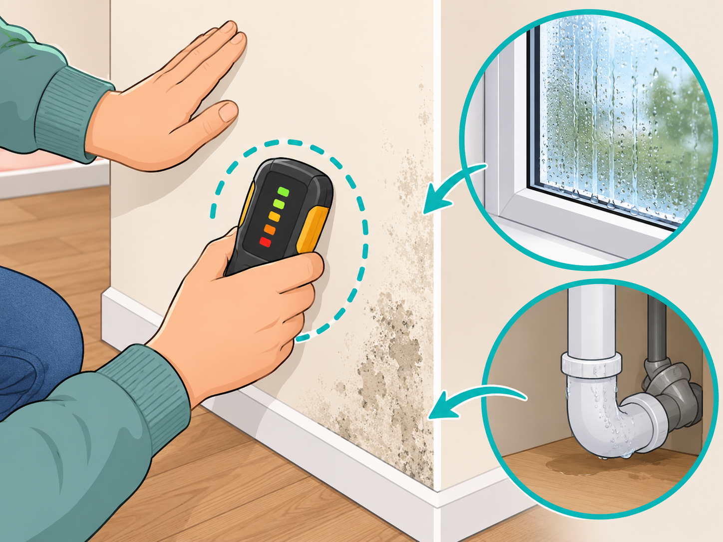 Checking humidity and condensation near a wall with tiny insects.
