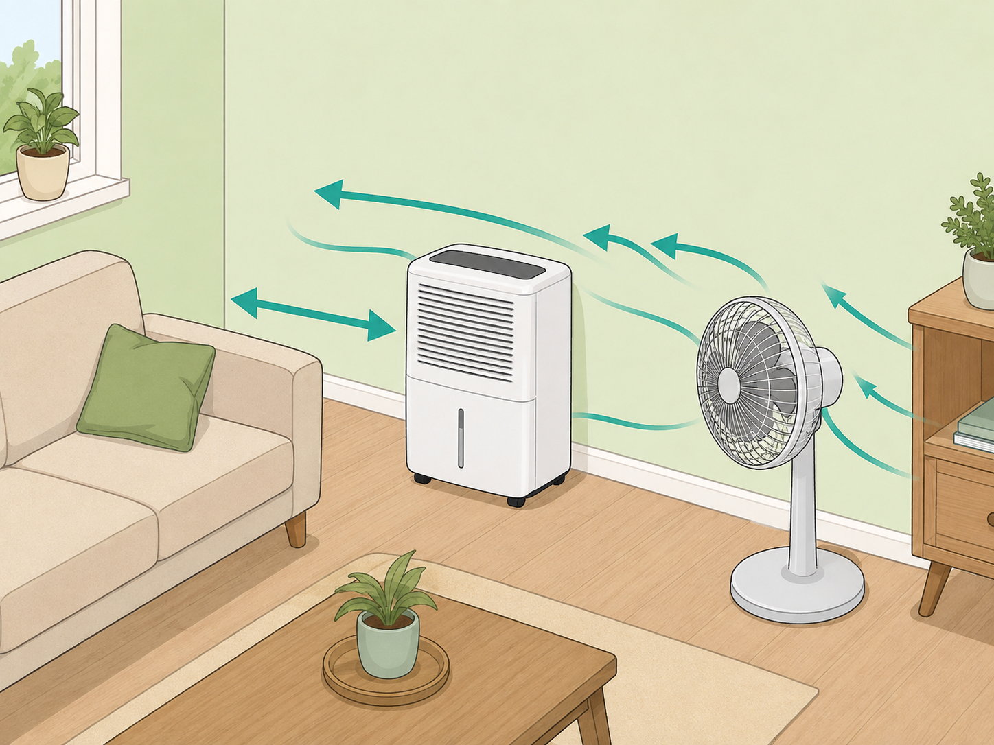 Drying a room and improving airflow near a damp wall.