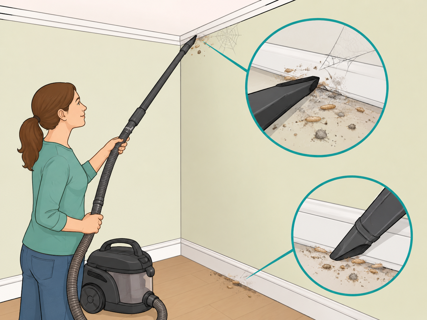 Vacuuming tiny insects, cases, webs, and dust from wall edges.