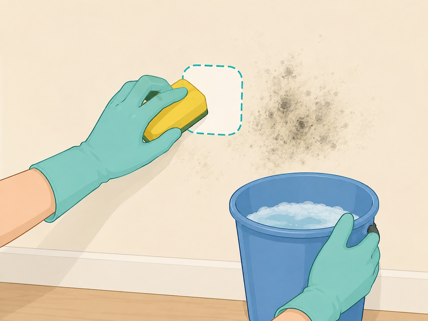 Cleaning a small moldy spot on a wall after fixing moisture.